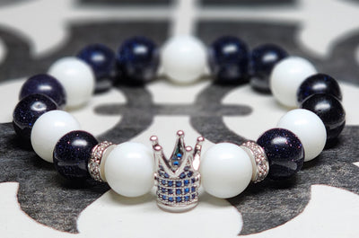 Unisex Blue Sandstone & White Porcelain Stretch Bracelet With Silver Crown & Accents