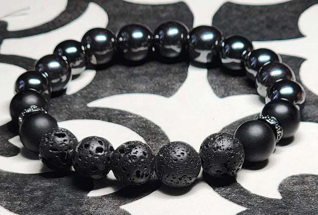 Unisex Lava, Matte Onyx & Hematite Stretch Bracelet